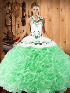Ball Gowns Sweet 16 Dresses Halter Top Fabric With Rolling Flowers Sleeveless Floor Length Lace Up