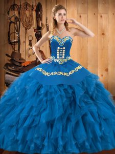 Sophisticated Sweetheart Sleeveless Lace Up Ball Gown Prom Dress Blue Satin and Organza