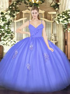 Blue Sleeveless Floor Length Appliques Zipper Quinceanera Gowns