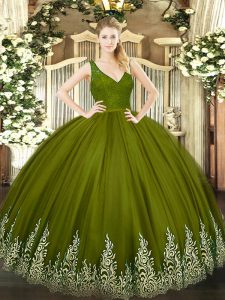 Unique Floor Length Zipper Quince Ball Gowns Olive Green for Sweet 16 and Quinceanera with Beading and Ruffled Layers
