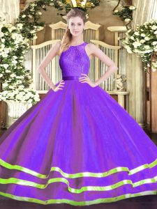 Scoop Sleeveless Tulle Quinceanera Dresses Lace Zipper