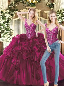 Custom Made Fuchsia Lace Up Sweet 16 Quinceanera Dress Beading and Ruffles Sleeveless Floor Length