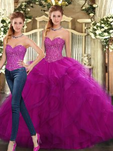 Fuchsia Organza Lace Up Sweetheart Sleeveless Floor Length Vestidos de Quinceanera Beading and Ruffles