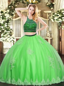 Floor Length Green Quinceanera Gown Halter Top Sleeveless Zipper