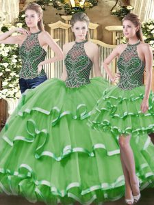 Elegant Sleeveless Floor Length Beading and Ruffled Layers Lace Up 15 Quinceanera Dress with Green