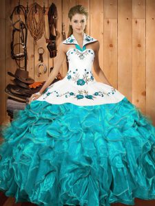 Embroidery and Ruffles Sweet 16 Dress Aqua Blue Lace Up Sleeveless Floor Length
