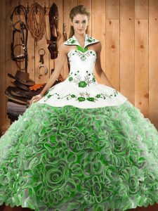 Elegant Multi-color Lace Up Halter Top Embroidery Sweet 16 Quinceanera Dress Organza and Fabric With Rolling Flowers Sleeveless Sweep Train