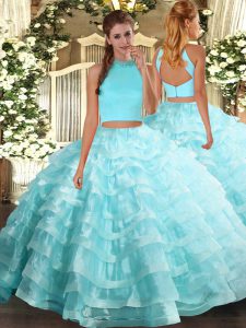 Custom Made Aqua Blue Two Pieces Beading and Ruffled Layers Quince Ball Gowns Backless Organza Sleeveless Floor Length