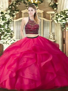Colorful Hot Pink Organza Zipper Quinceanera Dress Sleeveless Floor Length Beading and Ruffles