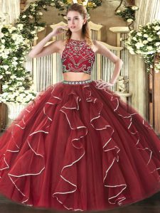 Cheap Floor Length Burgundy Sweet 16 Quinceanera Dress High-neck Sleeveless Zipper