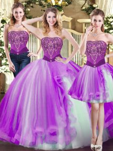 Eggplant Purple Sleeveless Tulle Lace Up Quinceanera Gown for Military Ball and Sweet 16 and Quinceanera