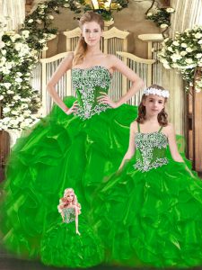 Fine Floor Length Green 15 Quinceanera Dress Organza Sleeveless Beading and Ruffles
