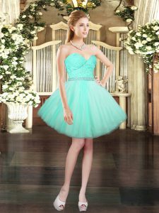 Pretty Aqua Blue Sleeveless Tulle Lace Up Prom Dresses for Prom and Party