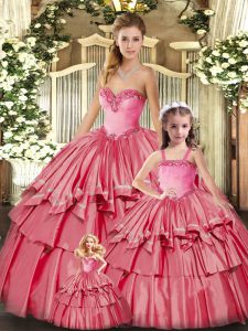 High Class Floor Length Watermelon Red Quinceanera Gown Organza Sleeveless Ruffled Layers