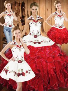 Fashion Floor Length White And Red 15 Quinceanera Dress Satin and Organza Sleeveless Embroidery and Ruffles