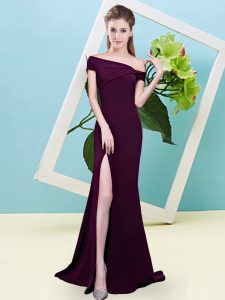 Off The Shoulder Sleeveless Quinceanera Court of Honor Dress Floor Length Ruching Burgundy Elastic Woven Satin