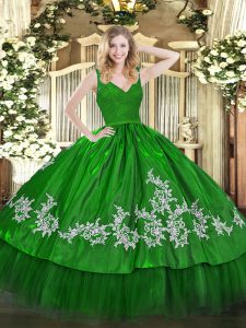 Discount Sleeveless Floor Length Beading and Lace and Appliques Backless Quince Ball Gowns with Green