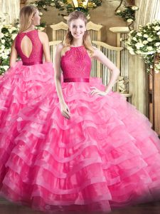 Fashion Ball Gowns Quinceanera Dresses Hot Pink Scoop Organza Sleeveless Floor Length Zipper