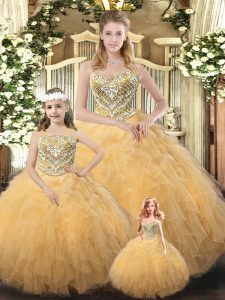 Modest Sleeveless Floor Length Beading and Ruffles Lace Up Vestidos de Quinceanera with Champagne