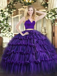 Perfect Purple Two Pieces Organza Halter Top Sleeveless Ruffled Layers Floor Length Zipper 15 Quinceanera Dress