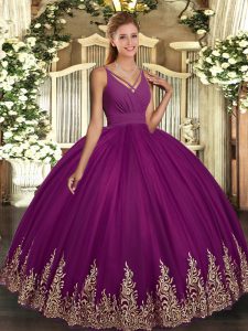 Free and Easy Sleeveless Tulle Floor Length Backless 15th Birthday Dress in Fuchsia with Appliques