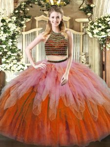 Two Pieces Vestidos de Quinceanera Multi-color Halter Top Tulle Sleeveless Floor Length Lace Up