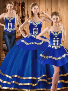 Great Blue Satin and Tulle Lace Up Quinceanera Gown Sleeveless Floor Length Embroidery