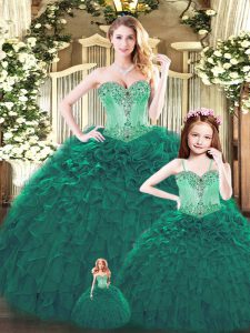 Lovely Tulle Sweetheart Sleeveless Lace Up Beading and Ruffles Sweet 16 Dress in Dark Green