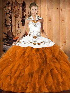 Floor Length Orange Red Sweet 16 Dresses Satin and Organza Sleeveless Embroidery and Ruffles
