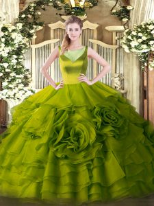 Scoop Sleeveless Quinceanera Dresses Floor Length Beading and Ruffled Layers Olive Green Organza
