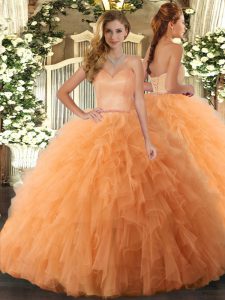 Modest Orange Ball Gowns Ruffles Ball Gown Prom Dress Lace Up Tulle Sleeveless Floor Length