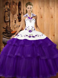 Flare Halter Top Sleeveless Sweep Train Lace Up Quinceanera Dress Purple Organza