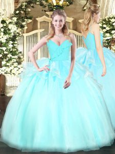 Perfect Spaghetti Straps Sleeveless 15th Birthday Dress Floor Length Ruffles Light Blue Organza