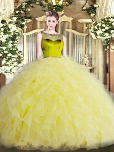 Enchanting Sleeveless Organza Floor Length Zipper Quinceanera Dress in Yellow Green with Beading and Ruffles