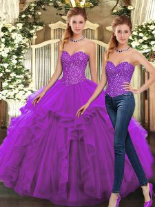 Edgy Organza Sweetheart Sleeveless Lace Up Beading and Ruffles Sweet 16 Quinceanera Dress in Purple