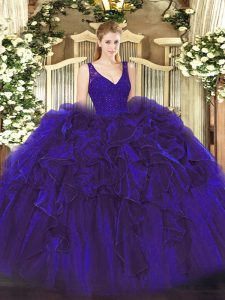 Purple V-neck Neckline Beading and Lace and Ruffles Quinceanera Gown Sleeveless Backless