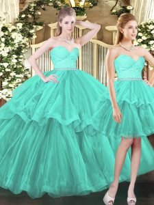 Aqua Blue Lace Up Sweet 16 Quinceanera Dress Ruffled Layers Sleeveless Floor Length