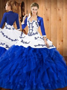 Superior Floor Length Blue And White Sweet 16 Dresses Strapless Sleeveless Lace Up