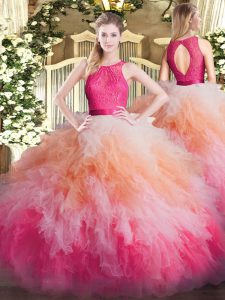 Latest Organza Scoop Sleeveless Zipper Lace and Ruffles Sweet 16 Dress in Multi-color