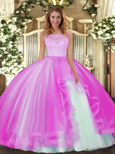 Scoop Sleeveless Clasp Handle Ball Gown Prom Dress Fuchsia Tulle