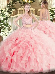 Sleeveless Floor Length Beading and Ruffles Zipper Quince Ball Gowns with Baby Pink