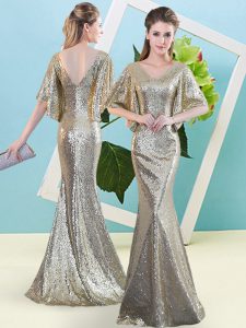 New Style Silver Ball Gowns V-neck Half Sleeves Sequined Floor Length Zipper Sequins