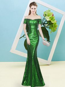 Comfortable Green Mermaid Off The Shoulder Short Sleeves Sequined Floor Length Zipper Sequins Dress for Prom