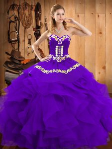 Top Selling Sleeveless Satin and Organza Floor Length Lace Up Sweet 16 Quinceanera Dress in Purple with Embroidery and Ruffles