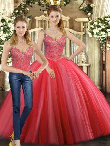 Custom Made Coral Red Sleeveless Floor Length Beading Lace Up 15 Quinceanera Dress