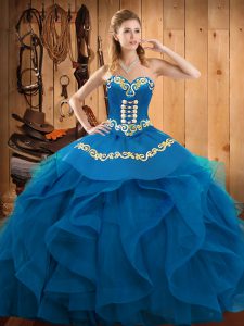 Blue Sleeveless Floor Length Embroidery and Ruffles Lace Up 15 Quinceanera Dress