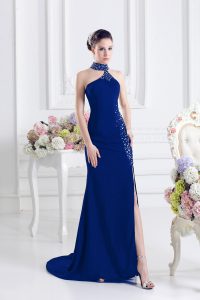 Traditional Royal Blue Sleeveless Beading Lace Up Dress for Prom