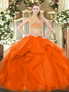 Graceful Orange Red Two Pieces High-neck Sleeveless Tulle Floor Length Backless Beading and Ruffles Vestidos de Quinceanera