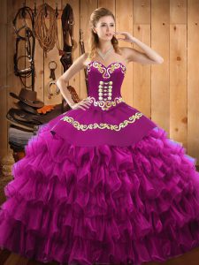 Fantastic Fuchsia Sleeveless Floor Length Embroidery and Ruffled Layers Lace Up Sweet 16 Dress