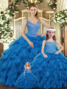 Sumptuous Straps Sleeveless Organza Quince Ball Gowns Beading and Ruffles Lace Up